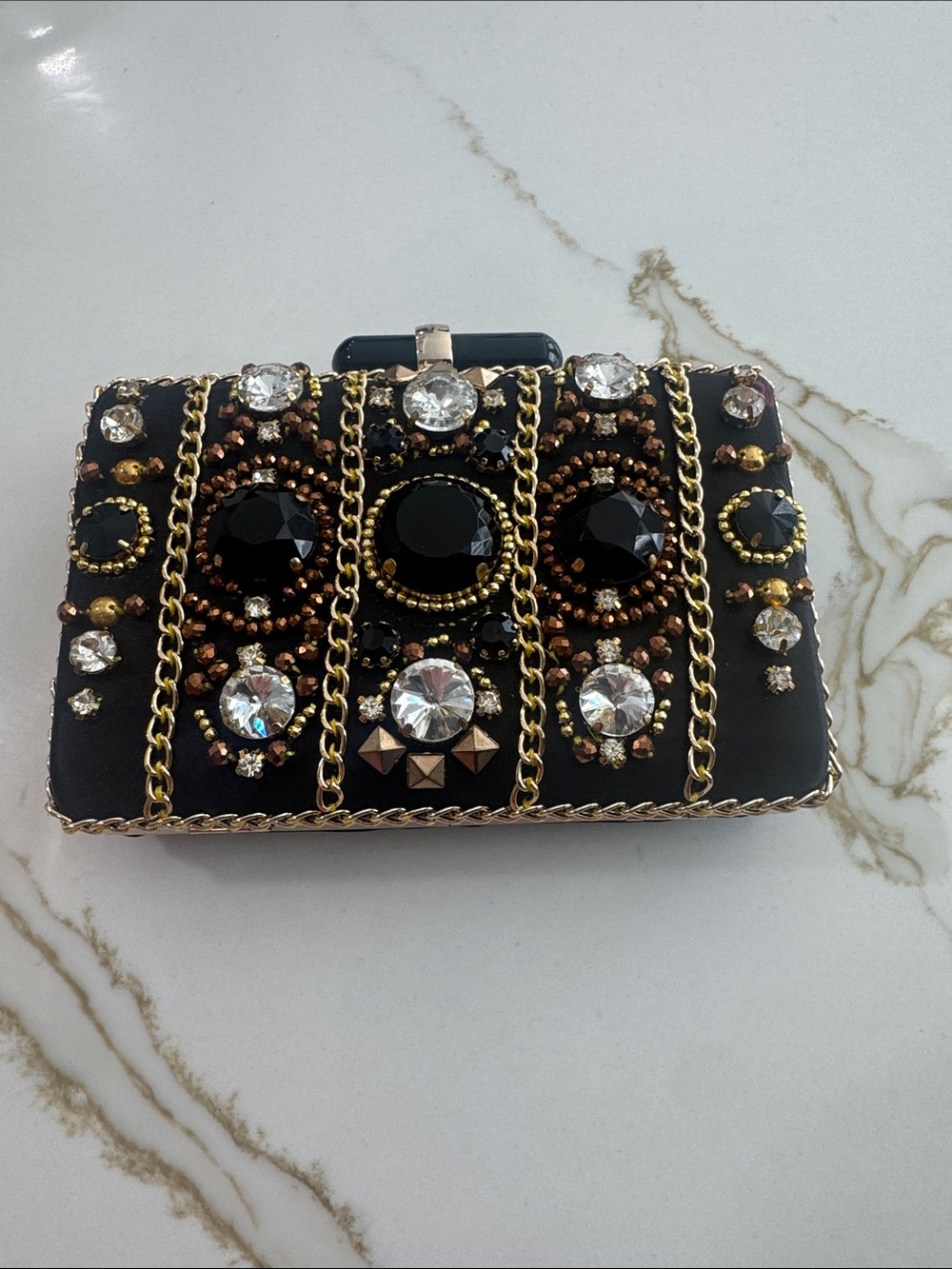 Embellished Black Evening Clutch with Gold Accents